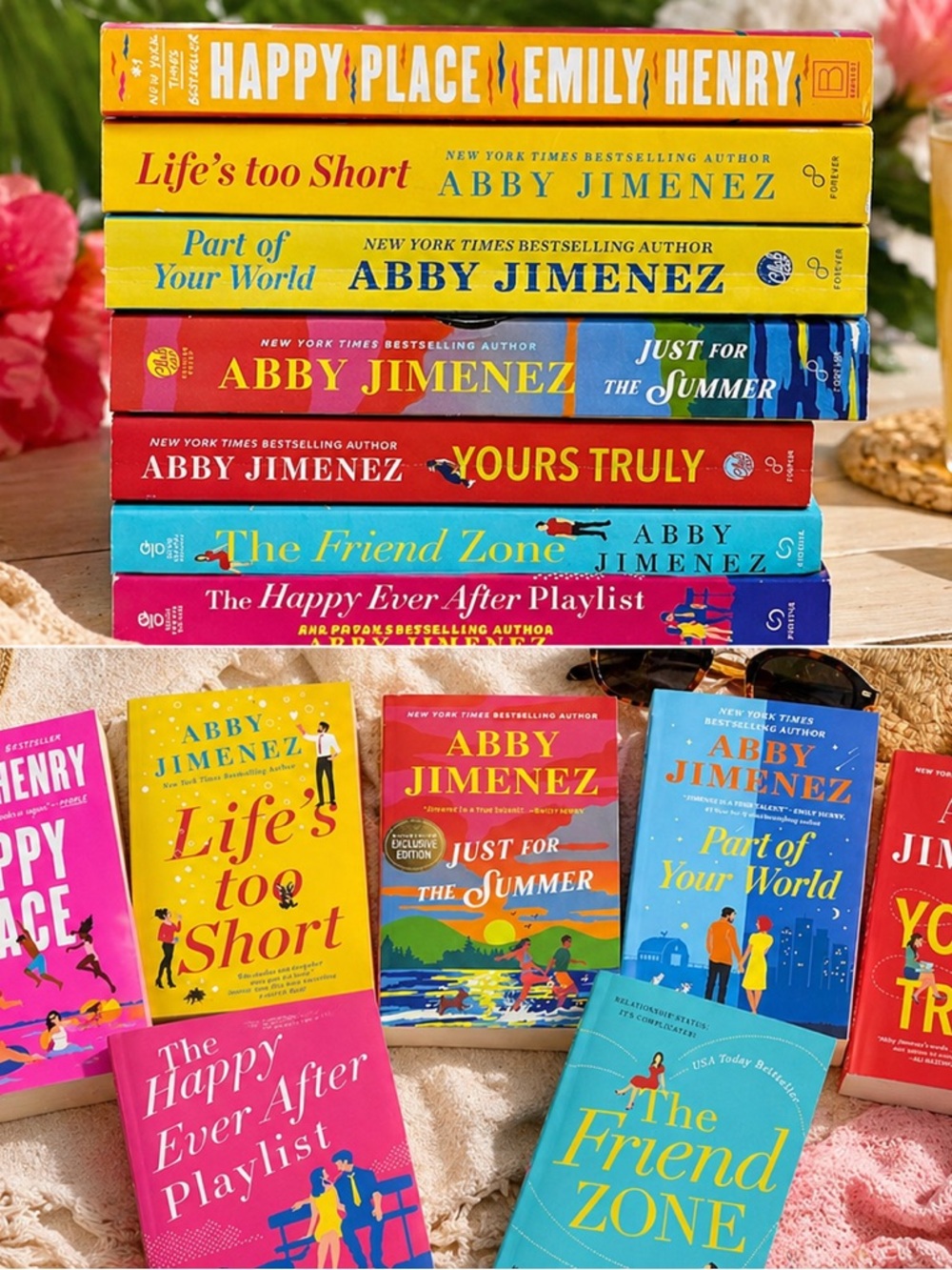 Abby Jimenez Paperback Book Stack - Bright Yellow, Pink, Blue, Red